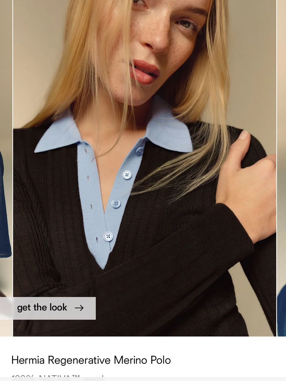Reformation Hermia Regenerative Merino Polo in Black with Light Blue Collar - Picture 2 of 5